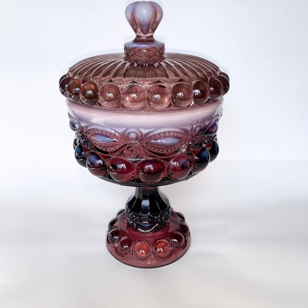 Mosser Glass Eye Winkler Covered Candy Dish in Purple or Pink Opal, 10 1/4" High by 6" Wide, Comport or Footed Bowl