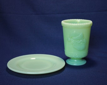 Jadeite Santa Glass with Cookie Plate, 8 oz Santa Cup and 5 3/4" Plate **** FREE SHIPPING ****