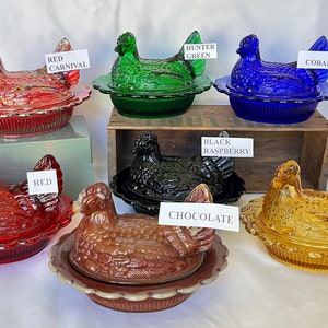 Covered Hen Candy Dish, Your CHOICE of 14 Colors 4 high, 6 5/8 long and 5 1/2 wide made by Mosser Glass Company image 1