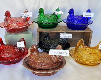 Covered Hen Candy Dish, Your CHOICE of 14 Colors 4" high, 6 5/8" long and 5 1/2" wide made by Mosser Glass Company