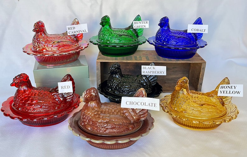 Covered Hen Candy Dish, Your CHOICE of 14 Colors 4 high, 6 5/8 long and 5 1/2 wide made by Mosser Glass Company image 1