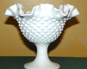 Fenton White Hobnail Milk Glass 6 1/2 Inch Wide Double Crimped Compote, Candy, Relish, Dips, Cocktail Sauce