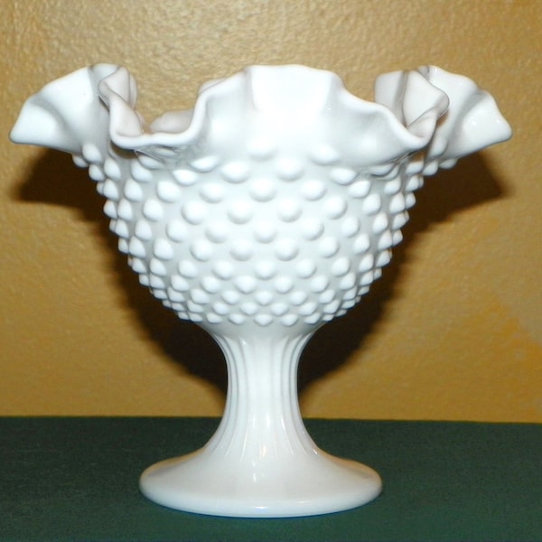 Fenton White Hobnail Milk Glass 6 1/2 Inch Wide Double Crimped Compote, Candy, Relish, Dips, Cocktail Sauce