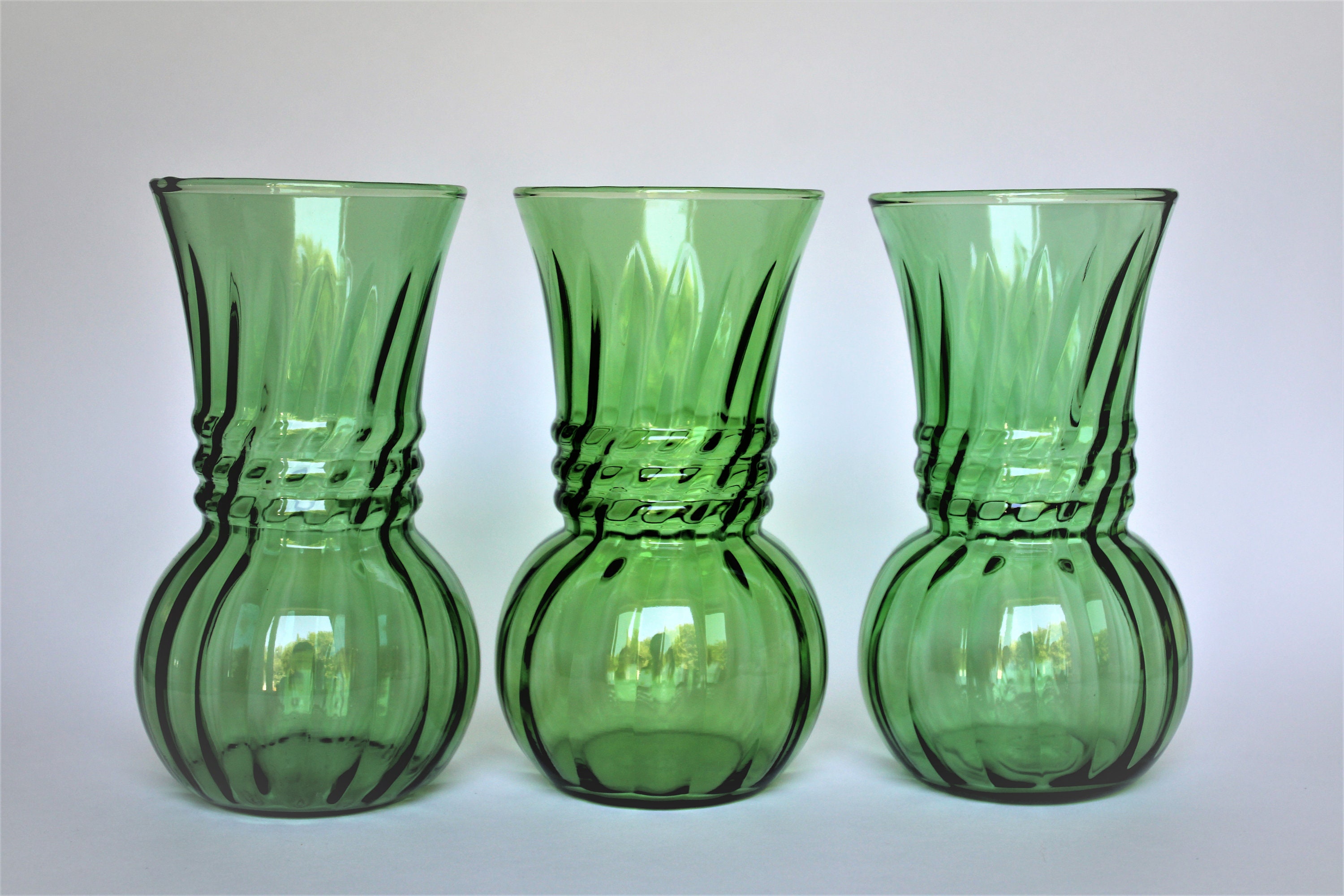 Emerald Green Vases Set of 3 Ribbed Swirl Glass Trio 6 3/8 Etsy