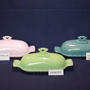 Anna Butter Dish in Your Choice of Jadeite, Pink Crown Tuscan, Georgian Blue by Mosser Glass Anna Pattern, FREE SHIPPING