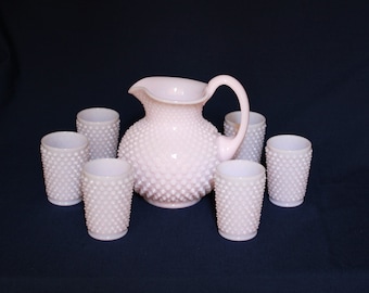 Mosser Pink Hobnail Pitcher with Your Choice of 4 or 6 Tumblers, Crown Tuscan Hobnail Beverage Set