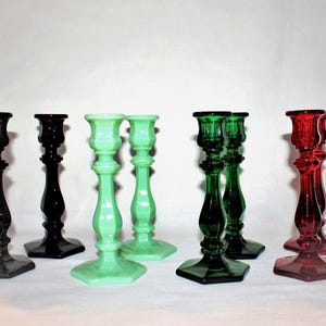 Mosser Candlestick Holders, Your Choice of Colors Jadeite Red, Cobalt Hunter Green Pink or Purple, 7 1/4 Inch High by Mosser Glass Company