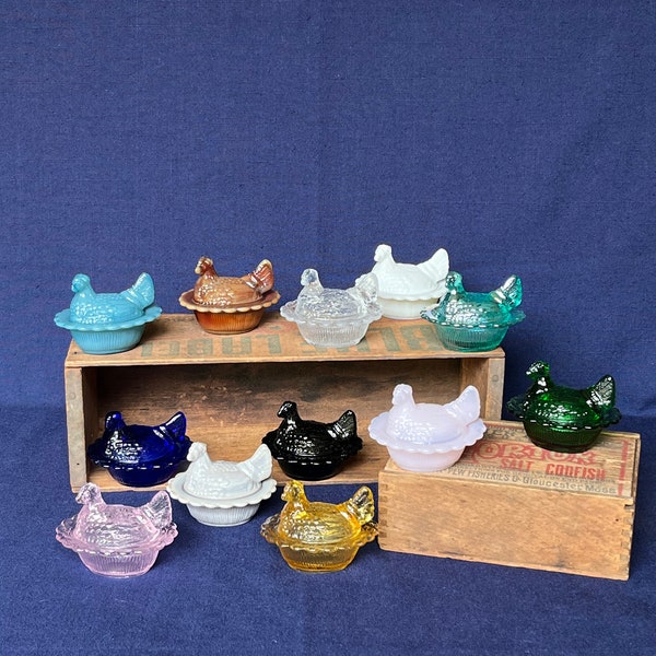 Mosser Miniature Hen Salt Cellars with FREE SHIPPING Your CHOICE of 16 Colors, Covered Mini Hen on Nest by Mosser Glass Company