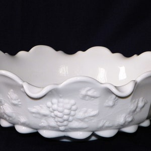 Westmoreland Grape Panel Milk Glass Fluted Bowl 11 3/4&quot; Wide Serving Dish Embossed Grapes, 4 1/4&quot; High Flared Footed Bell Bowl