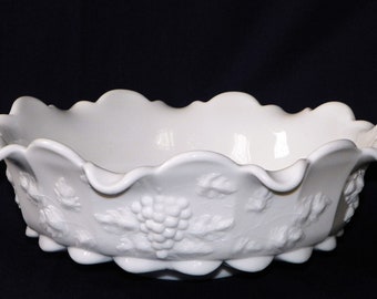 Westmoreland Grape Panel Milk Glass Fluted Bowl 11 3/4" Wide Serving Dish Embossed Grapes, 4 1/4" High Flared Footed Bell Bowl