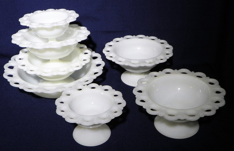 Open Lace Milk Glass Bowls or Footed Bowls Relishes Nuts Dips Centerpieces Rose Bowls Chocolates YOUR CHOICE of Pieces