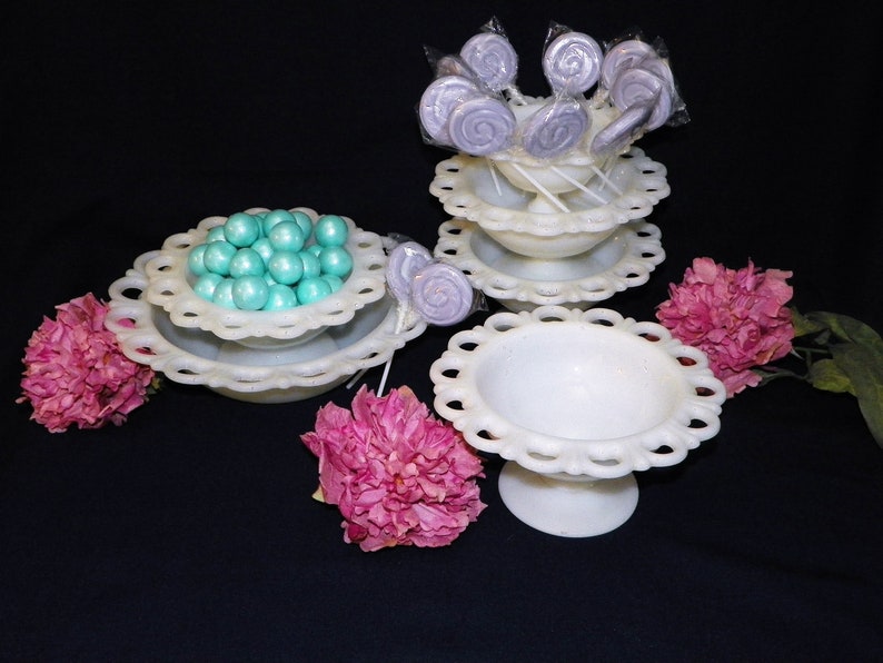Open Lace Milk Glass Bowls or Footed Bowls Relishes Nuts Dips Centerpieces Rose Bowls Chocolates YOUR CHOICE of Pieces