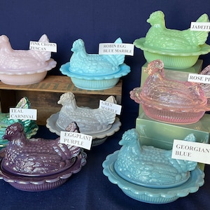 Covered Hen Candy Dish, Your CHOICE of 14 Colors 4 high, 6 5/8 long and 5 1/2 wide made by Mosser Glass Company image 6