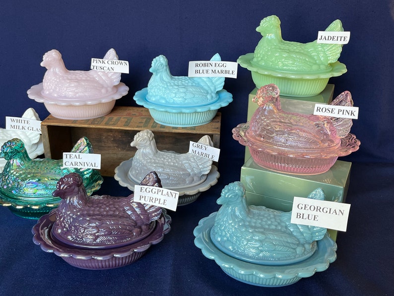 Covered Hen Candy Dish, Your CHOICE of 14 Colors 4 high, 6 5/8 long and 5 1/2 wide made by Mosser Glass Company image 6