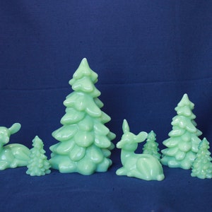 JADEITE Trees and Deer, Set of 7 Pieces, 8" Tree, 5 1/2" Tree, (3) 2 3/4" Trees and Two Deer Hand Pressed Glass by Mosser Glass