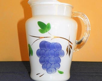 Grape Hand Painted Grape Pitcher by Barlett Collins Glass Co. 80 Oz. Pitcher Painted Grapes Green Leaves and Gold Vines