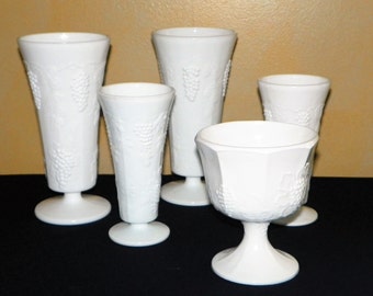 Colony Harvest Milk Glass Grape Panel Vases and Planter, 5 Piece Set, Two 7" and 10" Vases and a Planter