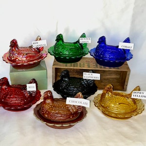 Covered Hen Candy Dish, Your CHOICE of 14 Colors 4 high, 6 5/8 long and 5 1/2 wide made by Mosser Glass Company image 9