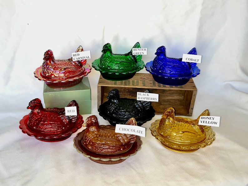 Covered Hen Candy Dish, Your CHOICE of 14 Colors 4 high, 6 5/8 long and 5 1/2 wide made by Mosser Glass Company image 9