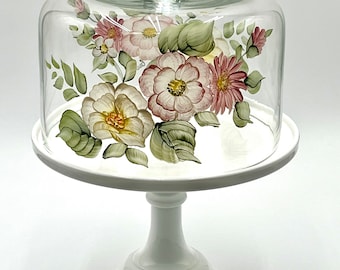 Mosser Hand Painted Glass Cake Dome Fits a 10" Cake Plate Pink and Yellow Flowers 8" high Add White, Pink or Jadeite Cake Stand