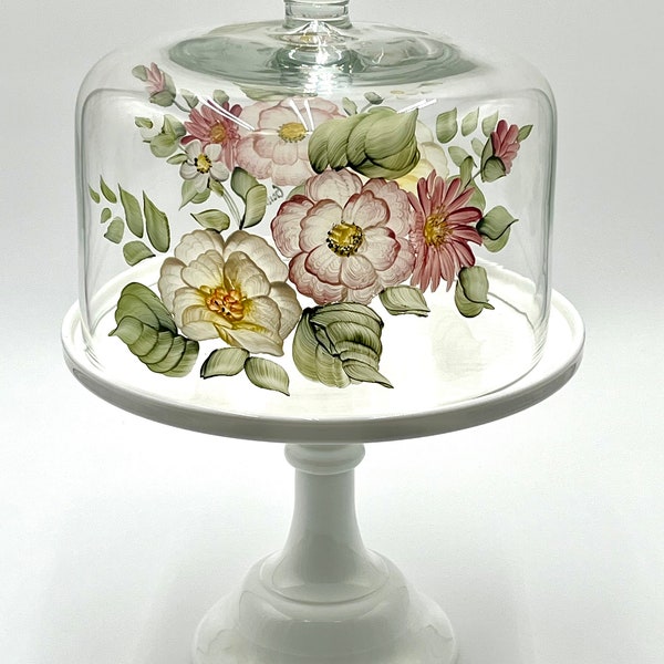 Mosser Hand Painted Glass Cake Dome Fits a 10" Cake Plate Pink and Yellow Flowers 8" high Add White, Pink or Jadeite Cake Stand
