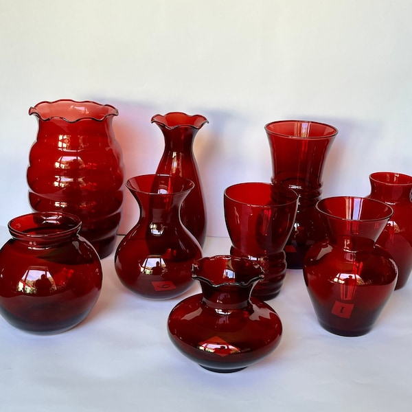 Ruby Red Vases, Choice of Style, Art Glass Vases In Solid Red, Hand Blown Anchor Hocking