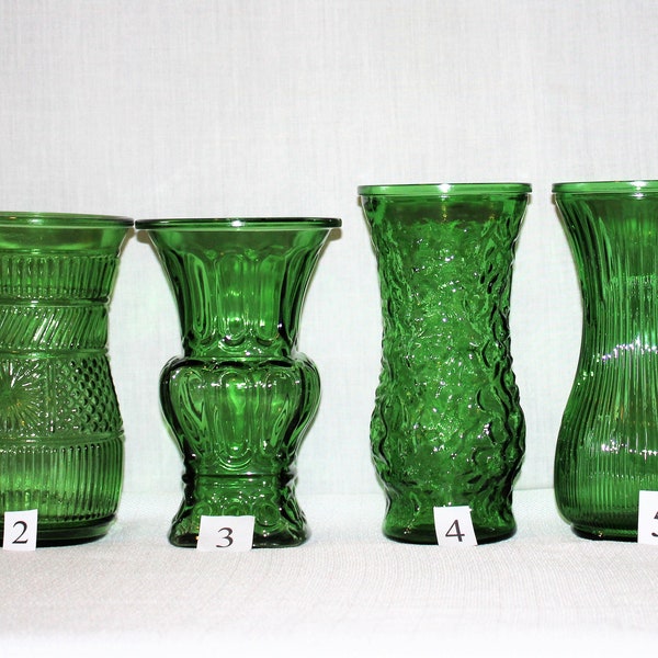 Emerald Green Large Vases, Choice of Style, 8" High Bouquet Vases In Emerald or Forest Green, Diamond, Swirl, Hoosier, Fern