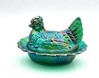 Mosser Glass Teal Carnival Hen on Nest - Etsy