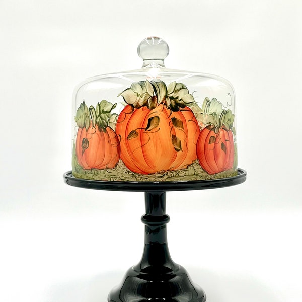 Mosser Hand Painted Glass Cake Dome Fits a 10" Cake Plate Pumpkin Patch Dome 8" high Add Black, White or Jadeite Cake Stand