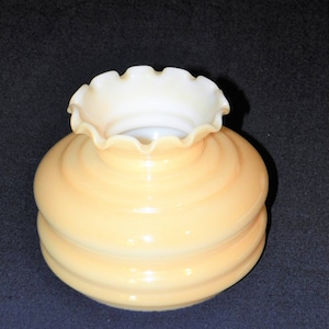 Peach Luster Parlor Lamp Shade, 6&quot; Fitter Iridescent Cased Lamp Shade on a Milk Glass Base with Ruffled Edges
