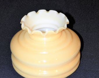 Peach Luster Parlor Lamp Shade, 6" Fitter Iridescent Cased Lamp Shade on a Milk Glass Base with Ruffled Edges