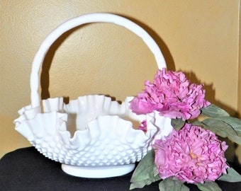 Fenton Hobnail Milk Glass Basket 11 3/4" Wide by 9 3/4" High FREE SHIPPING Double Crimped Basket in MINT Condition