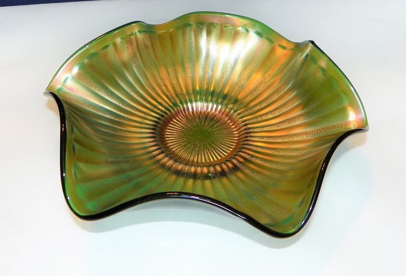Iridescent Green Carnival Glass Candy Dish 9 5/8 Wide 2 Etsy
