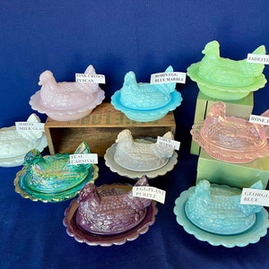 Covered Hen Candy Dish, Your CHOICE of 14 Colors 4 high, 6 5/8 long and 5 1/2 wide made by Mosser Glass Company image 2