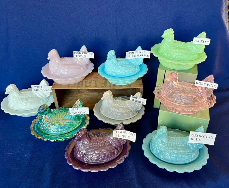 Covered Hen Candy Dish, Your CHOICE of 14 Colors 4 high, 6 5/8 long and 5 1/2 wide made by Mosser Glass Company image 2