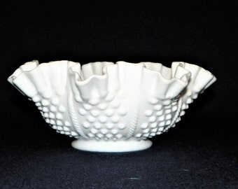 Fenton White Hobnail Milk Glass 8 1/8 Inch Double Crimped Bowl Hobnail and Cable Candy Dish MINT CONDITION Great for Dips, Relish, Rose Bowl