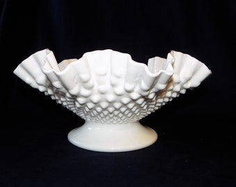 Fenton White Hobnail Milk Glass 10" Inch Wide Double Crimped Compote, Fruit Bowl, Centerpiece, Rolls