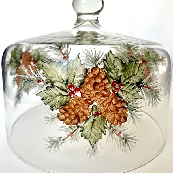 Mosser Hand Painted Glass Cake Dome Fits a 10" Cake Plate Pinecones and Pine 8" high Add Black or White Cake Stand