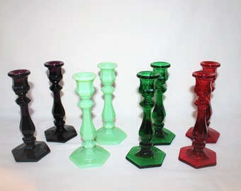 Mosser Jadeite Red Hunter Green Pink or Purple Candlestick Holders, 7 1/4 Inch High, Made by Mosser Glass Company