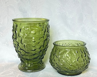 Lido Vase and Planter Set of Olive Green Crinkle Flower Vase and Planter, The Vase is 7 1/2" High by 5 3/8" Wide