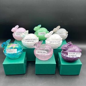 Mosser Bunny Covered Dish, Choice of Colors 3 3/4" High 4" Long Rabbit by Mosser Glass Jadeite, Milk Glass, Purple, Pink, Teal, Eggplant