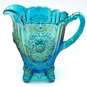 Dahlia Pitcher Teal Carnival by Mosser Glass 8&quot; High and Holds 48 oz To The Rim