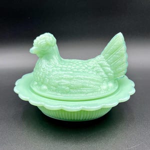 Mosser Jadeite Hen on Nest Candy Dish 4" high, 6 5/8" long and 5 1/2" wide Marked Mosser Glass
