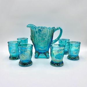 Mosser Dahlia Pitcher Teal Carnival with Your Choice of 4, 6 or 8 Tumblers