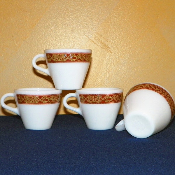 Pyrex Bronze Restaurantware Mugs, SET of 4, MINT, Vintage New Stock, Red and Gold Scroll Band, Coffee Mugs or Cups