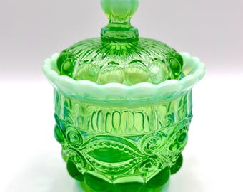 Mosser Glass Eye Winker Covered Sugar Bowl or Candy Dish Green Opal