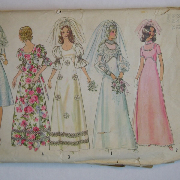 Vintage 1972 Simplicity Pattern 5462 Wedding Dress in Two Lengths or Bridesmaid Dress, Size 12