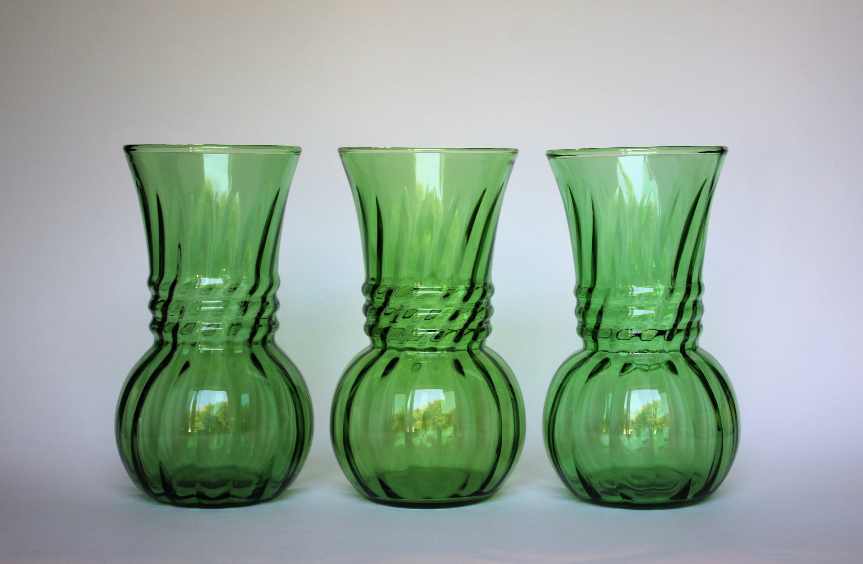 Emerald Green Vases Set of 3 Ribbed Swirl Glass Trio 6 3/8 Etsy
