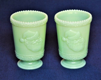 Jadeite Santa Glasses by Mosser Glass, Your Choice of a Single or Set of 2, 8 oz Cup 4 1/2&quot; High 3 1/4&quot; Wide **** FREE SHIPPING ****