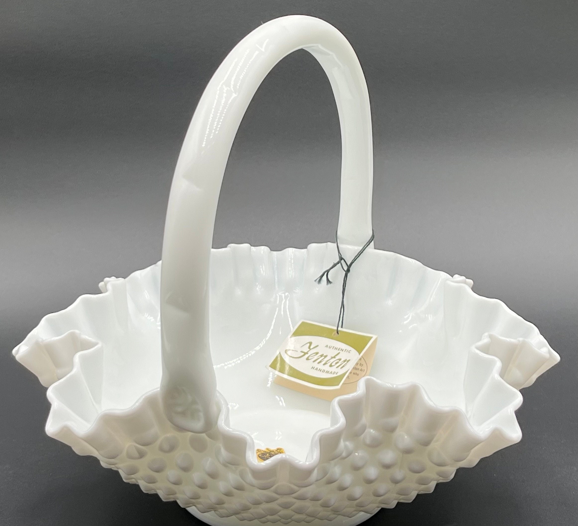 Fenton Hobnail Milk Glass Basket 11 3/4" Wide by 10" High Original Label and Tag Double Crimped Basket in MINT Condition